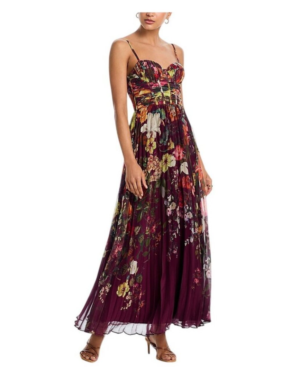 NWT Aqua Pleated Floral Woven Maxi Dress IDM12073 Cherry Lacquer Purple Multi XS